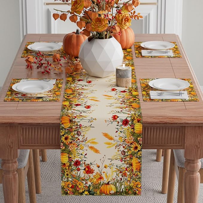XCHI Fall Color Wild Flowers Pumpkin Table Runner Table Decoration for Kitchen Dining Dinner Autumn Home Decor 13x108 Inch