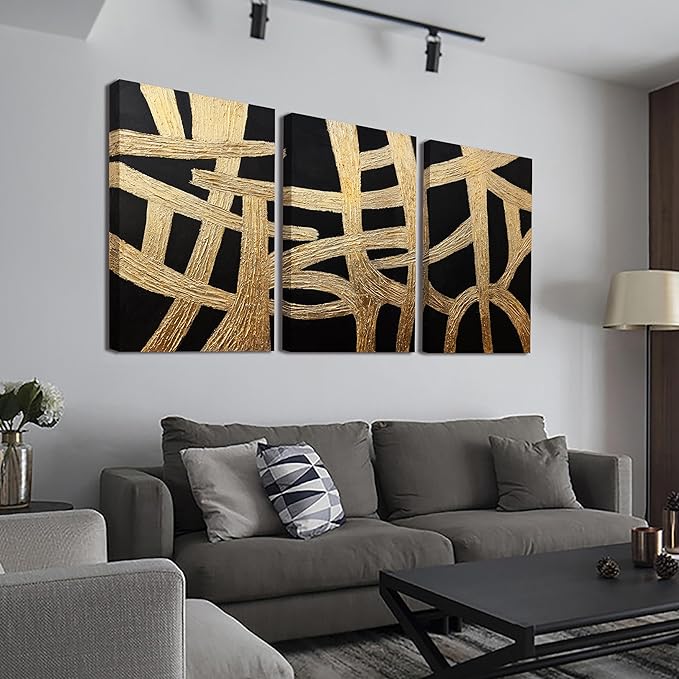 Canvas Wall Art Decor Large Wall Art Pictures for Living Room Black And Gold Wall Art Decor Artwork for Walls Abstract Textured Wall Art Prints Art Work For Room Office Home Wall Decor 24" X 36" *3pcs