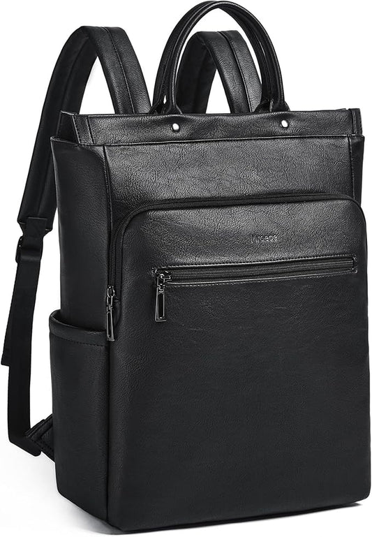 Leather Laptop Backpack for Women, Travel Backpack Purse Fits 15.6 Inch Laptop, Casual Daypack with Laptop Compartment for Teachers College Work Business Nurse Weekender, Black