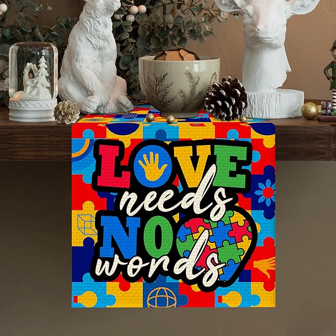 Autism Art Painting Burlap Table Runner Seasonal Spring Fall Kitchen Dining Linen Table Decoration for Indoor Outdoor Home Party Dinner 13x72 Inch