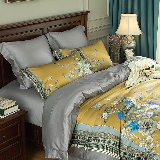 mixinni King Size Duvet Cover Set - 3PC Garden Style Long Staple Cotton Golden Floral Bedding, Chinoiserie Chic Botanical Print, Reversible Design, Zipper Closure, Soft & Breathable for Him & Her