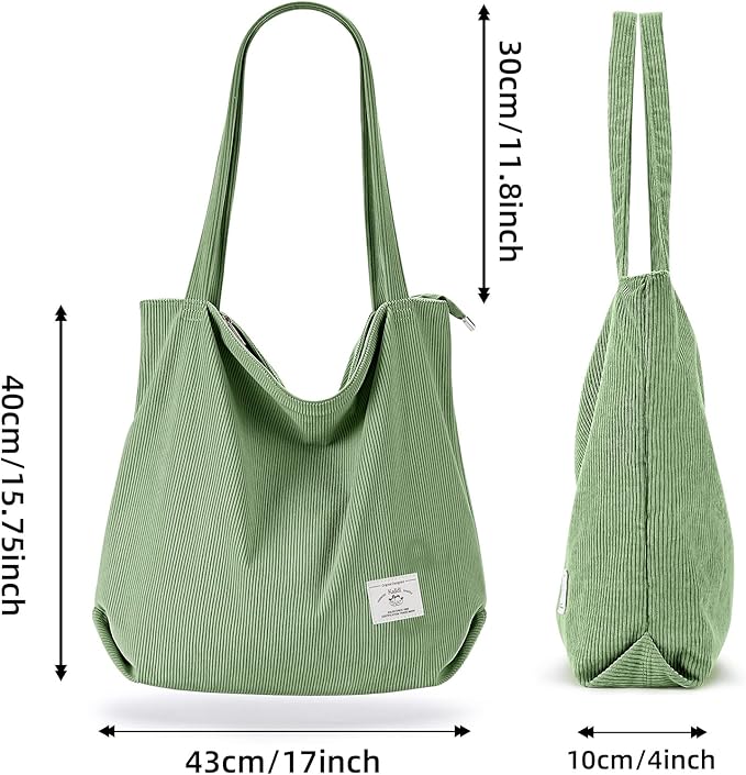 KALIDI Women Corduroy Tote Bag Zipper Casual Tote's Handbag Big Capacity Shoulder Bag with Pockets