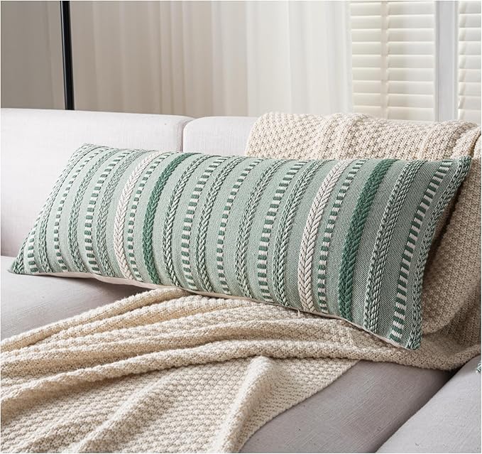Boho Lumbar Pillow Covers 14x36 Long, Farmhouse Decorative Couch Pillow Cases, Light Green Accent Pillows of Bed, Sofa Bedroom Living Room Home Decor Cushion Cover, Pack of 1