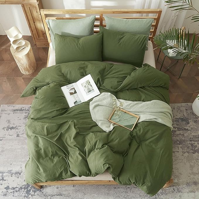 AMWAN Solid Color Army Green Duvet Cover King Size Bedding Sets Natural Washed Cotton Comforter Cover Dark Green Bedding Duvet Cover for Men Women Simple Style Green Bedding Collection