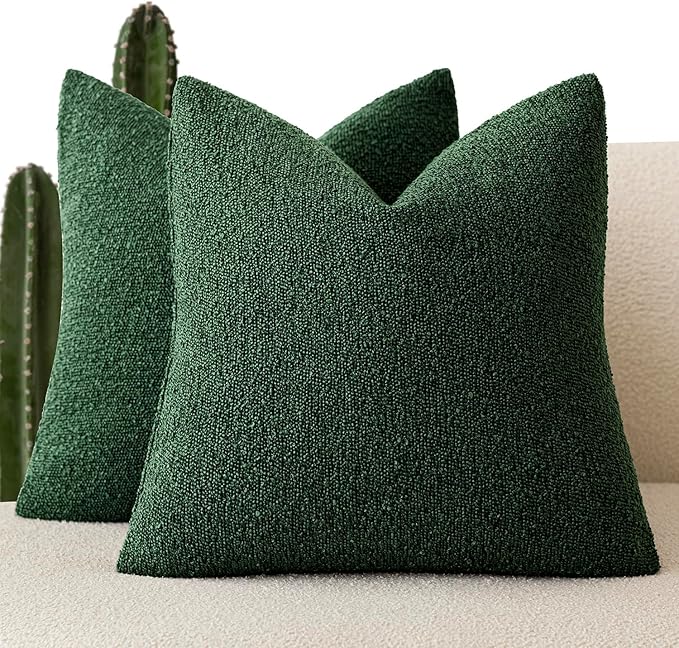 Foindtower Pack of 2 Textured Boucle Throw Pillow Covers Neutral Accent Solid Decorative Pillow Cases Cozy Woven Couch Cushion Case for Sofa Bedroom Living Room Home Decor 20x20 Inch Pine Green