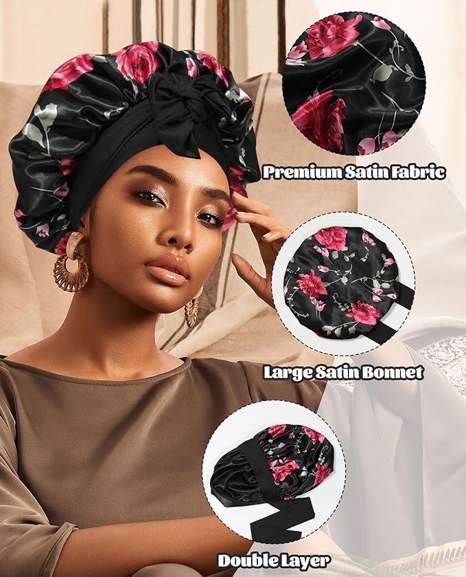 Satin Bonnet Silk Bonnet for Sleeping Silk Sleep Cap Double Layer Hair Bonnet with Elastic Tie Band for Curly Hair Night Cap (Black Flower + Black)