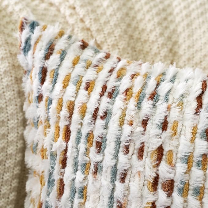 Aeckself Boho Chenille Tufted Pillow Cover 20 x 20 Inch, Decorative Square Throw Pillow Cover Neutral Pillowcase for Couch Bedroom Living Room, Orange White