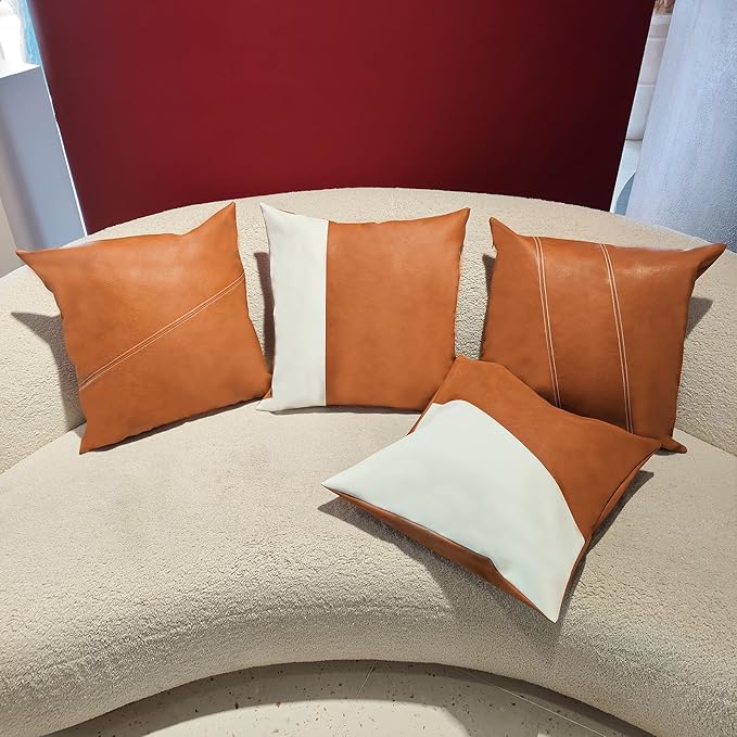 Faux Leather Throw Pillow Covers 18X18 Inch Outdoor Modern Farmhouse Solid Decorative Pillow Covers for Room Couch Living Bedroom Bed Sofa White&Brown Splicing