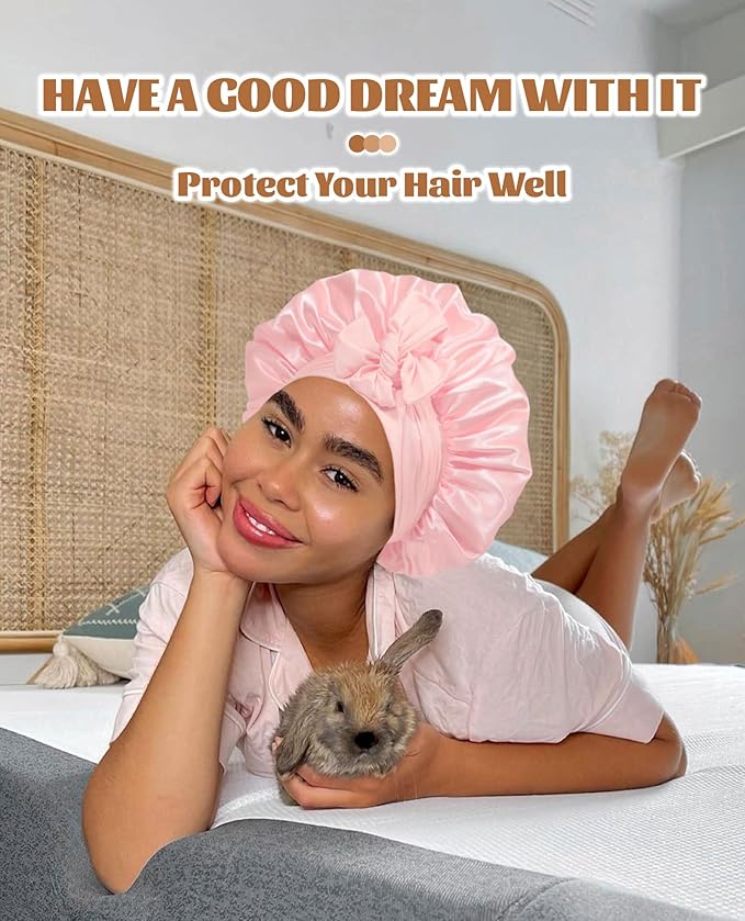 Satin Bonnet Silk Bonnet for Sleeping Silk Sleep Cap Double Layer Hair Bonnet with Elastic Tie Band for Curly Hair Night Cap (Apricot Powder+Champagne)