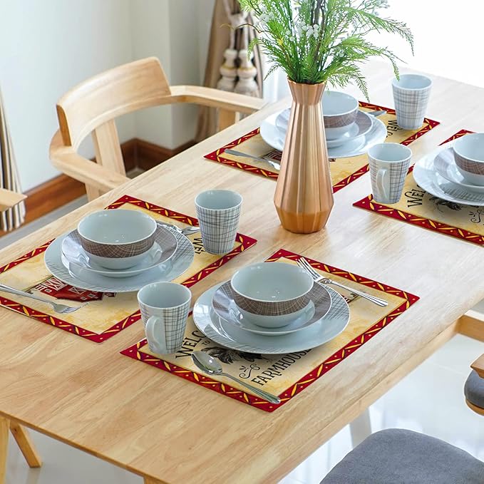 Giwawa Rooster Chicken Placemats, Welcome to Our Farmhouse Linen Place Mat, Vintage Animal Farm Decorative Washable Non Slip Table Mats for Dining Kitchen Party, Set of 4, 12"x18"