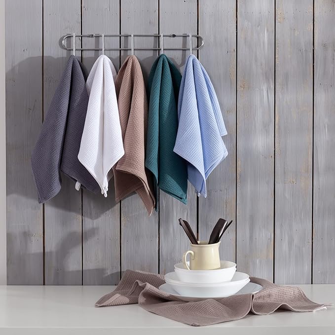 QUILTINA Dish Towels Set,100% Cotton Waffle Weave Kitchen Towels 6 Pack,17 x 25 Inches for Kitchen,Ultra Soft Dish Drying Towels(White, Gray, Light Khaki, Light Blue, Dark Green, Brown)