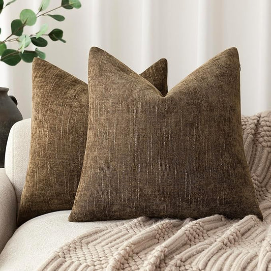 Foindtower Pack of 2 Soft Textured Chenille Throw Decorative Pillow Covers Square Accent Solid Cushion Cover Neutral Farmhouse Pillow Case for Couch Sofa Bedroom Living Room 24x24 Inch,Taupe Brown