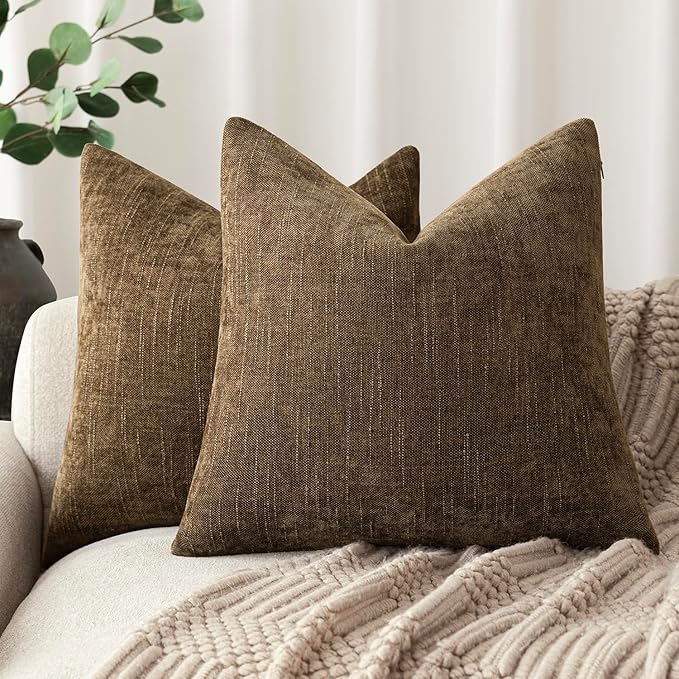 Foindtower Pack of 2 Soft Textured Chenille Throw Decorative Pillow Covers Square Accent Solid Cushion Cover Neutral Farmhouse Pillow Case for Couch Sofa Bedroom Living Room 20x20 Inch,Taupe Brown