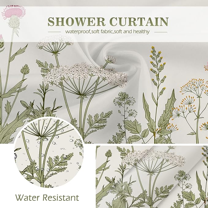 Aimego Spring Floral Shower Curtain- Sage Green Plant Leaves Wildflower Nature Botanical Flower Fabric Cloth Bath Shower Curtain Set with 12 Hooks for Bathroom Decor Accessories, 72"x72"