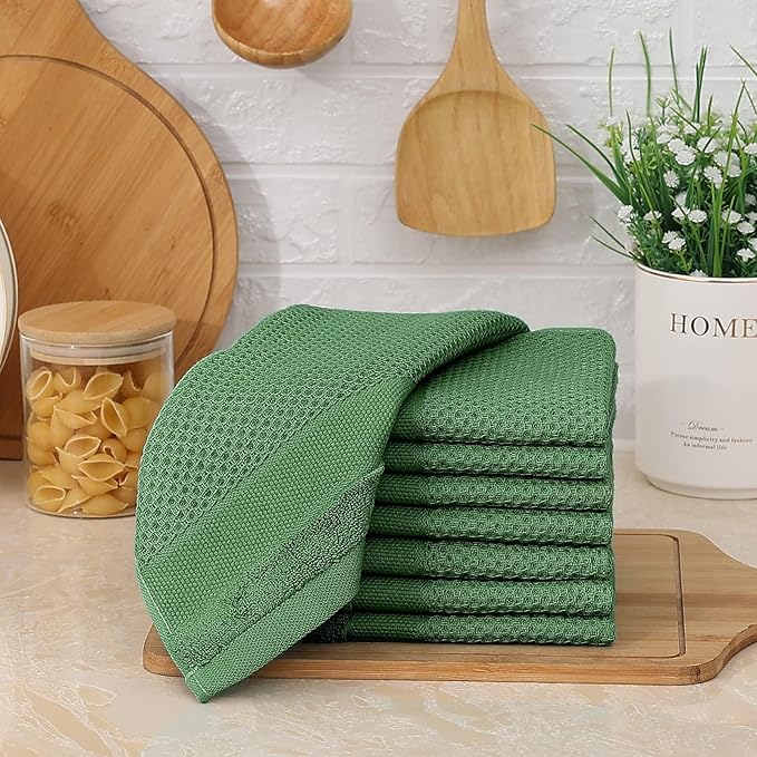 Homaxy 100% Cotton Dish Cloths, 6 Pack - 12 x 12 Inches, Waffle Weave Super Soft and Absorbent Dish Towels Quick Drying Dishcloths, Grass Green