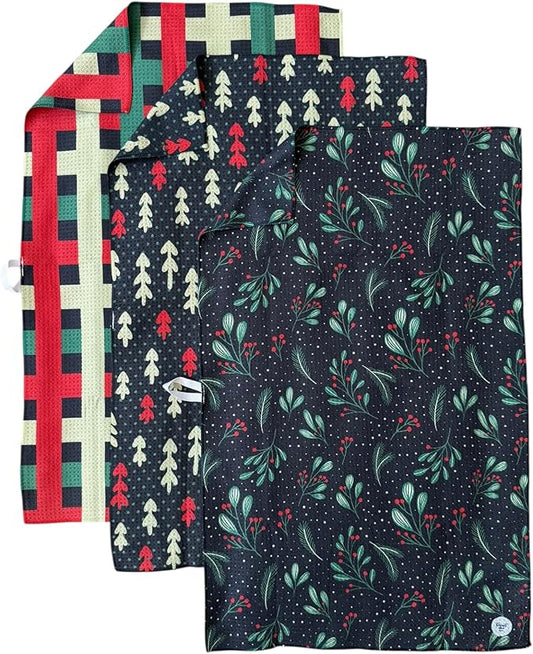 || 3 Pack|| Double Sided Dish Towels || Waffle Weave Microfiber || Tea Towels || Highly Absorbent || Hanging Loop || Dish Cloths || Modern || Designer Prints (Christmas Black)