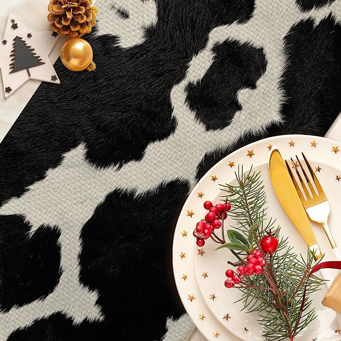 Cow Print Black Table Runner Kitchen Dining Linen Table Decoration for Indoor Outdoor Home Party Dinner 13x72 Inch