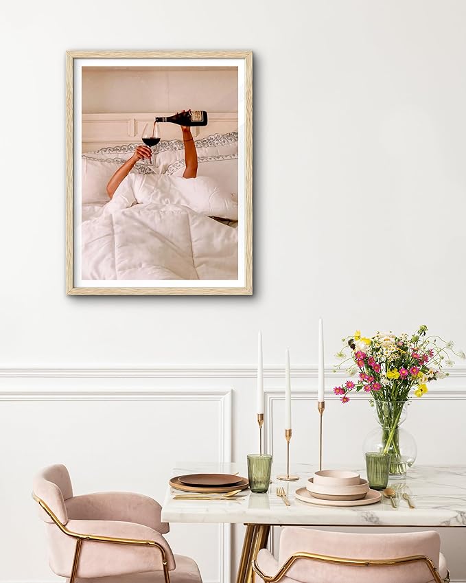 EcoHest Woman Drinking Wine in Bed Framed Wall Art, 16x20 in Large OAK Wood Feminist Alcohol Canvas Art, Trendy Teen Girl Bar Cart College Room Decor, Beige Logs Set of 1 For Bedroom Living Room