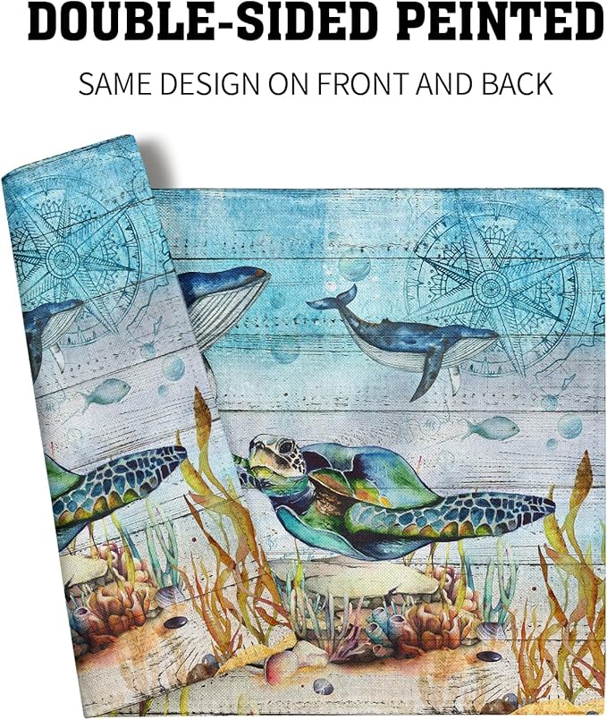 Giwawa Sea Life Placemats Set of 4- Sea Turtle Seahorse Whale Ocean Animal Place Mats- Vintage Compass Wood Board Heat Resistant Linen Table Mats 12"x18" for Dining Kitchen Summer Decoration