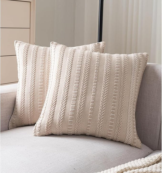 Boho Throw Pillow Covers 20x20 Inch Set of 2, Farmhouse Decorative Couch Pillow Cases, Beige Accent Pillows of Bed, Sofa Bedroom Living Room Home Decor Cushion Cover