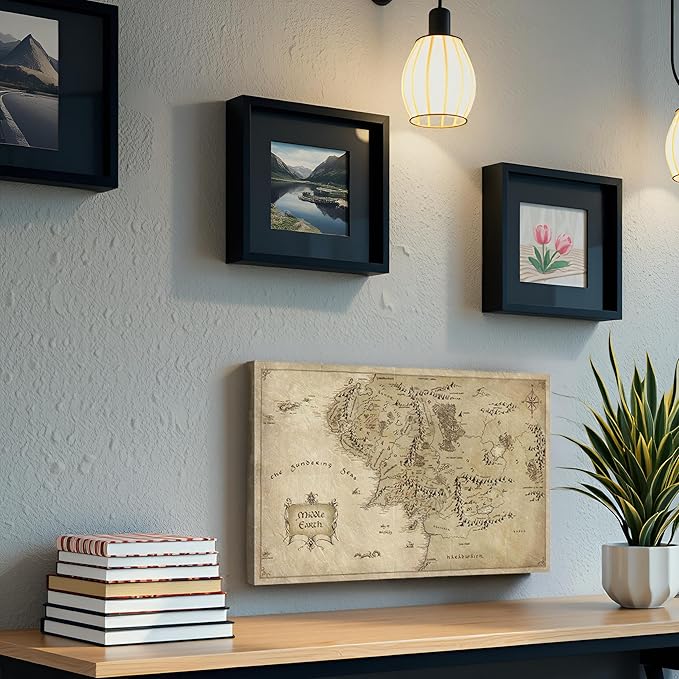 Middle Earth Map Wall Art Canvas Print - Fantasy Map of Middle Earth - 12''H x 18''W with Inner Wooden Frame - Lightweight & Easy to Hang - Perfect for Bedroom, Game Room Decor