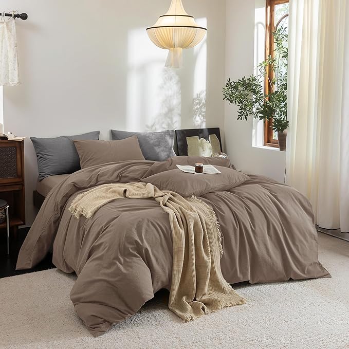 FOSSA Duvet Cover Set 100% Washed Cotton Linen Feel Super Soft Breathable Cozy 3 Pieces Bedding Sets Solid Pale Brown Full