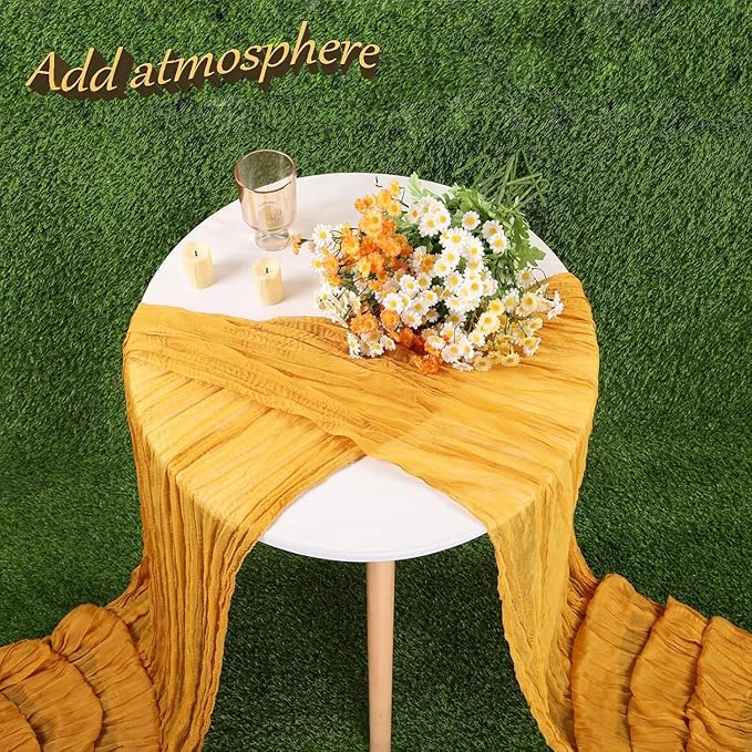 Cheesecloth Table Runner 13.3FT Long Yellow Boho Table Runner Wrinkle Rustic Gauze Wedding Dining Table Decorations for Birthday Party Baby Shower Event Easter Table Decoration