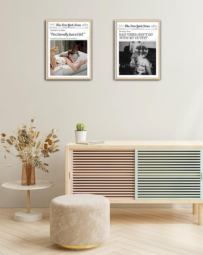 EcoHest Small Trendy Newspaper Audrey Hepburn Magazine Framed Wall Art, 8x10 in OAK Wood I‘m Literally Just a Girl Canvas Wall Art Home Decor, Beige Retro Set of 1 For Bedroom Living Room