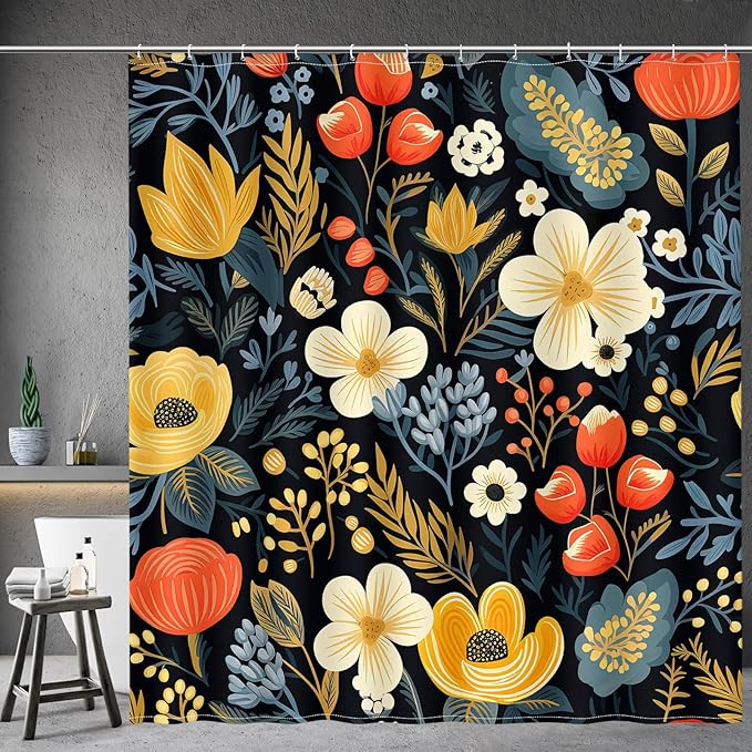 Aimego Black Floral Shower Curtain - Dark Beige Yellow Flowers Plants Boho Chic Colorful Botanical Leaves Fabric Cloth Bath Shower Curtain Set with 12 Hooks for Bathroom Decor Accessories, 72"x72"