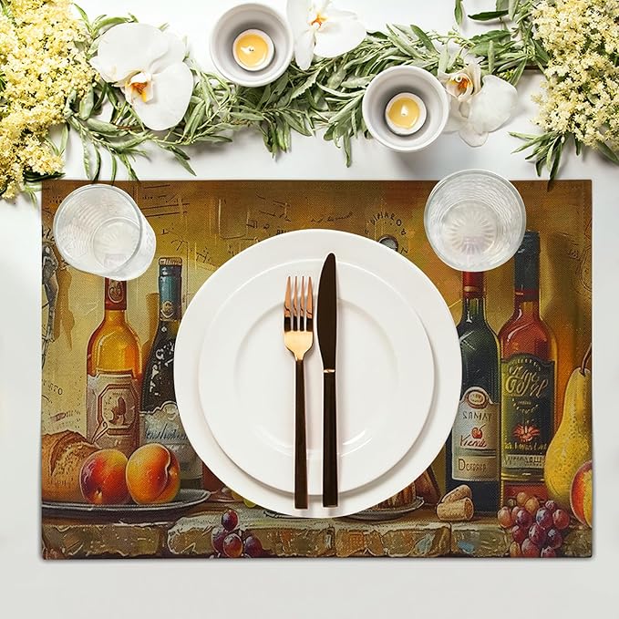 Giwawa Wine Placemats Set of 4 Vintage Style Red Wine Glasses Bottles Linen Table Place Mats Washable Non-Slip Heat Resistance 12"x18" for Kitchen Dining Farmhouse Party Decor
