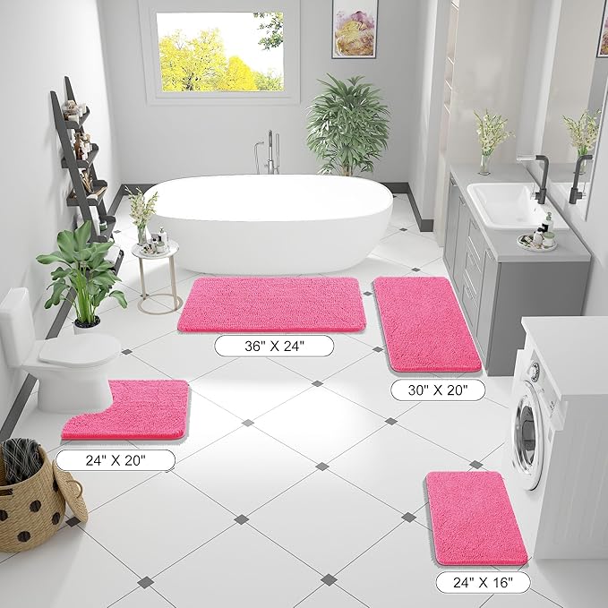 OLANLY Bathroom Rugs 36x24, Extra Soft Absorbent Chenille Bath Rugs, Rubber Backing Quick Dry, Machine Washable Bath Mats for Bathroom Floor, Tub and Shower, Home Decor Accessories, Hot Pink