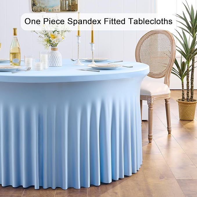 Outpain 6 Pack Spandex Baby Blue Round Tablecloths for 60in Tables, 120Inch Stretchy Fitted 5FT Round Table Clothes,Wrinkle Free Table Cover with Skirt for Wedding Party Dining Banquet