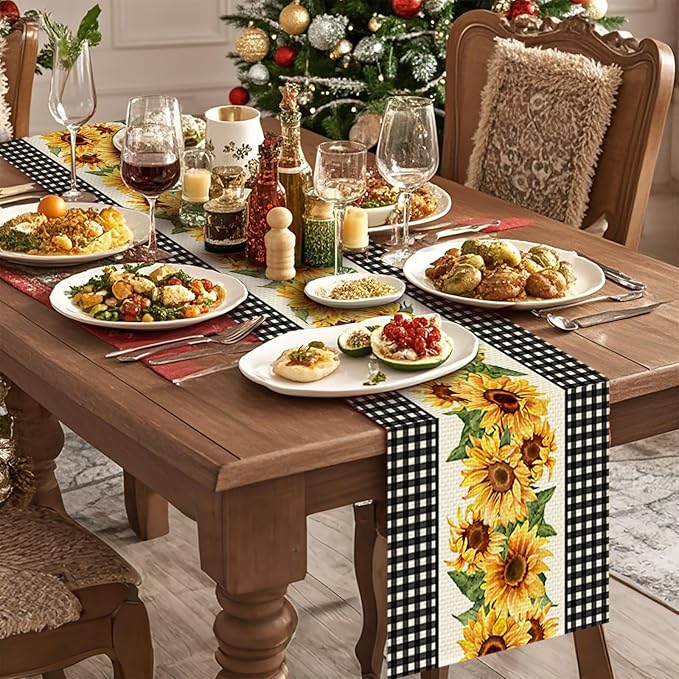 Sunflower Table Runner Kitchen Dining Linen Table Decoration for Indoor Outdoor Home Party Dinner 13x72 Inch