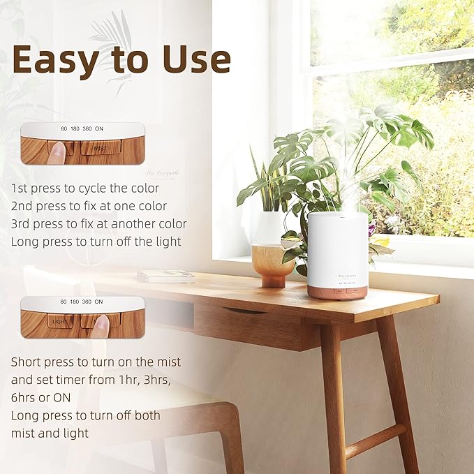 ASAKUKI Essential Oil Diffuser, Aromatherapy Cool Mist Home Humidifier with 7 LED Color Changing Light and Auto-Off Safety Switch, 8 Essential Oils Set, 300ml (Brown with Oils)