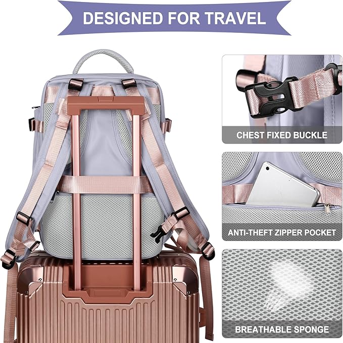 coowoz Large Travel Backpack For Women Men,Carry On Backpack Flight Approved,Hiking Backpack Waterproof Outdoor Sports Rucksack Casual Daypack Fit 15.6 Inch Laptop Shoes Compartment (Light Purple)