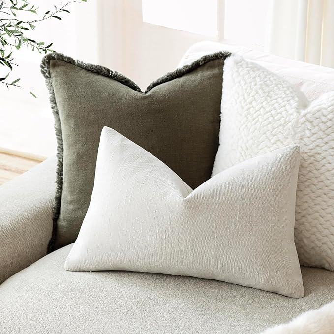 Foindtower Pack of 2 Soft Textured Throw Decorative Pillow Covers Lumbar Accent Solid Cushion Cover Cozy Neutral Farmhouse Pillow Case for Couch Sofa Bedroom Living Room 12x20 Inch, Ivory White