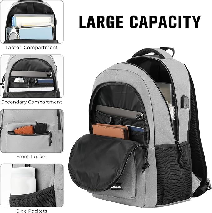 Backpack for Men and Women, School Backpack Teens Boys and Girls 17.3 Inch Laptop Bookbag with USB Charger for High School College Work Travel Business (Gray)