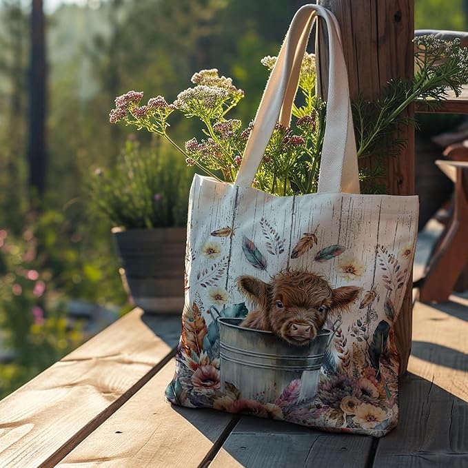 Western Highland Cow Canvas Tote Bag - Highland Cow Lover Gifts,Canvas Shoulder Bag for Women for Girls