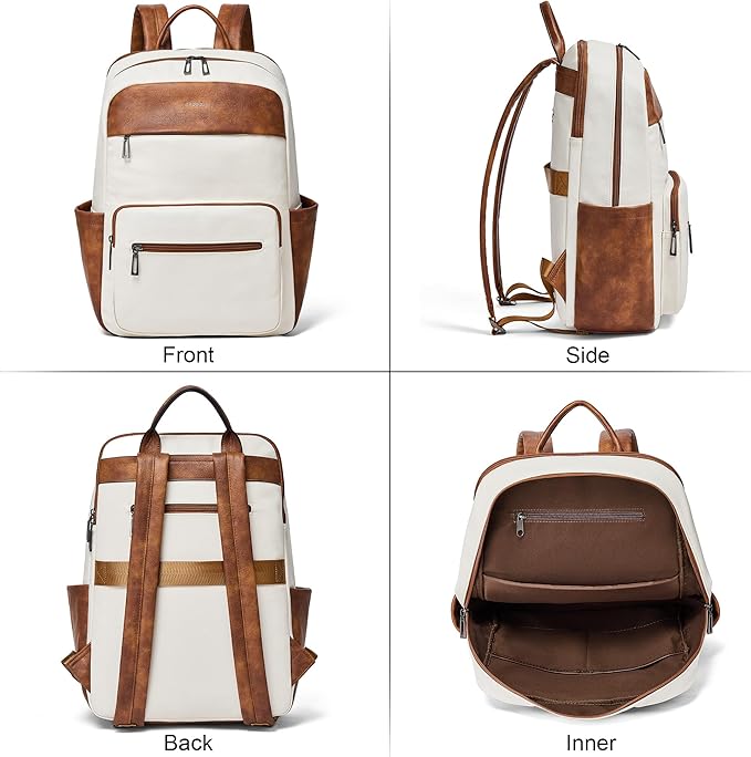 Leather Laptop Backpack for Women 15.6 Inch Laptop Travel Backpack Purse Casual Daypack with Laptop Compartment for College Work Nurse Business Weekender, Beige Brown