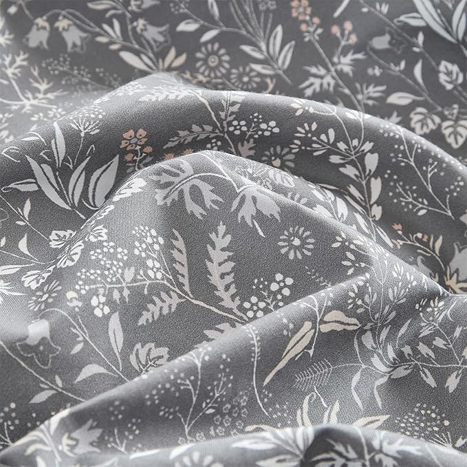 mixinni 3 Pieces Duvet Covers Full Size, 100% Cotton Comforter Cover Wildflower Printed on Grey Floral Bedding Set with Zipper Closure 4 Ties (1 Duvet Cover 80"x90", 2 Pillow Cases 20"x26")