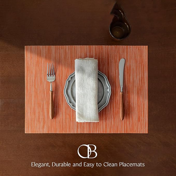 Placemats Set of 8 - Easy Clean Woven Vinyl Placemats for Dining Table, Indoor/Outdoor Place Mats, Washable PVC Table Mats （Orange）