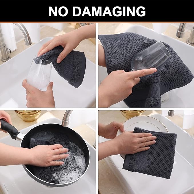 Homaxy 100% Cotton Waffle Weave Kitchen Towels, 13 x 28 Inches Super Absorbent and Machine Washable Dish Towels for Drying Dishes, 4-Packs, Dark Grey