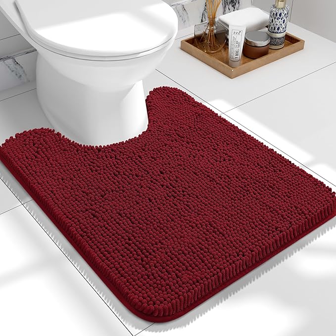 OLANLY Toilet Rugs U-Shaped 24x20, Extra Soft Absorbent Chenille Contour Bathroom Rugs for Toilet, Dry Quickly, Machine Washable, Non-Slip Bath Mat, Red