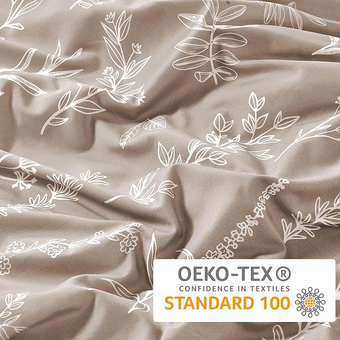 MUXHOMO Duvet Cover Queen Size, Reversible Floral Taupe Duvet Cover Set with Zipper Closure, 3 Pieces Botanical Patterns Soft Microfiber Bedding Set with 4 Ties (90"x90", 2 Pillow Cases)