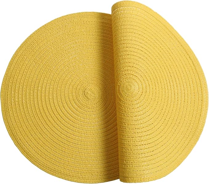 SHACOS Round Braided Placemats Set of 8 Washable Table Mats 15 inch Round Placemat Cotton Polyester Circle Placemat for Dining Table (Yellow, 8)