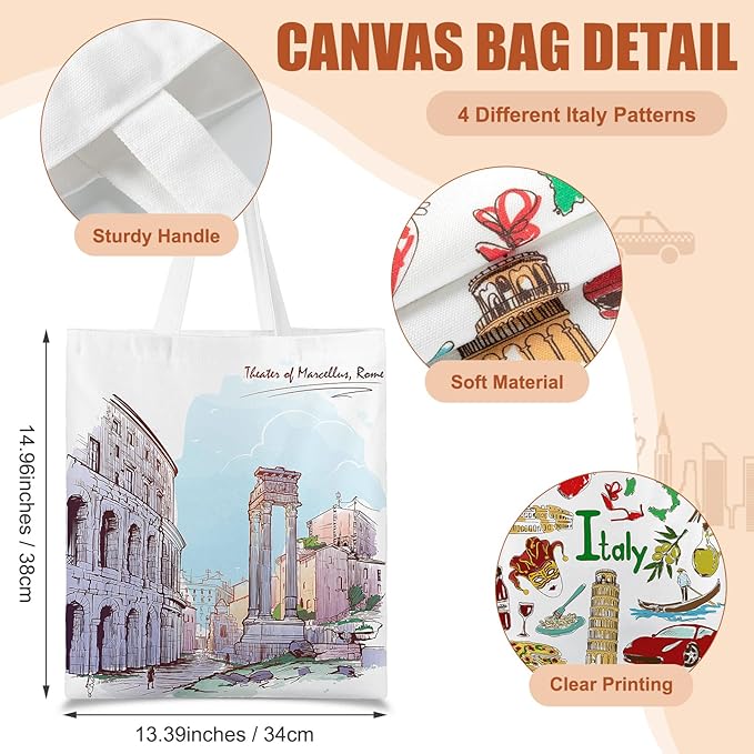 Paterr 4 Pcs City Souvenir Tote Bag-New York Chicago Seattle Los Angeles Boston San Francisco Paris Italy Las Vegas Nashville