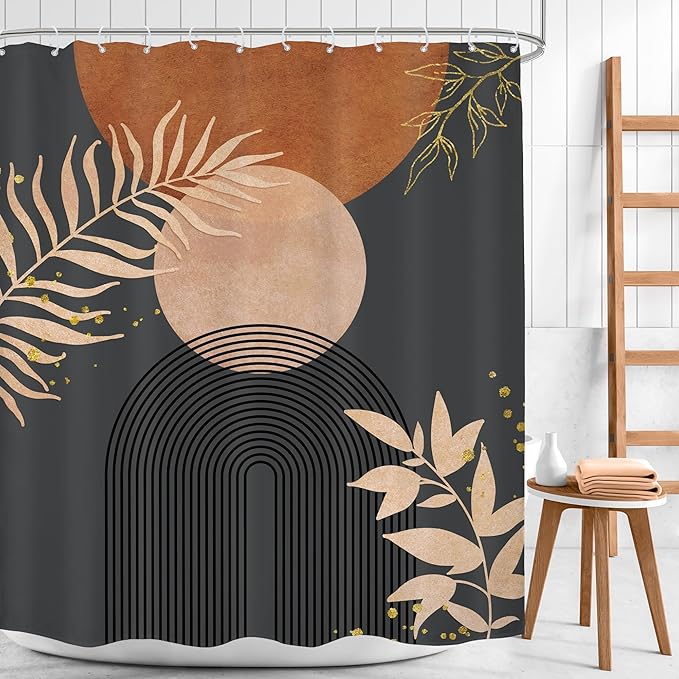 Dark Grey Brown Boho Modern Shower Curtain Mid Century Abstract Minimalist Burnt Orange Gold Leaf Arch Geometric Plant Neutral Bathroom Decor 60Wx72H Bath Curtain Fabric Polyester 12 Pack Hook