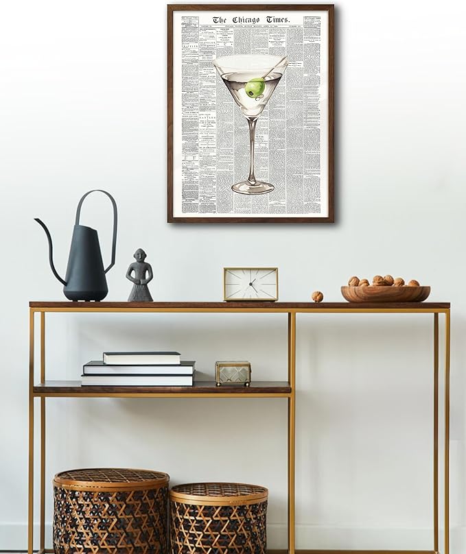 EcoHest Trendy Newspaper Martini Framed Wall Art, 12x16 in Walnut Color OAK Wood Retro Bar Cart Canvas Art, Magazine Aesthetic Apartment Art, Funky 70's Set of 1 for Bedroom Living Room