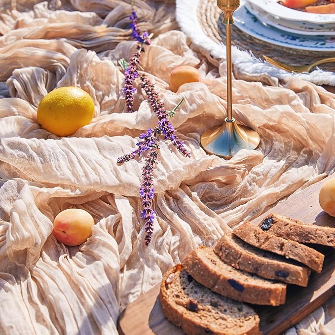 DOLOPL 3 Pieces 10FT Table Runners Beige Cheesecloth Table Runner Long Boho Gauze Cheese ClothTable Runner Rustic Sheer Table Runner for Wedding Bridal Shower Birthday Party Table Decorations