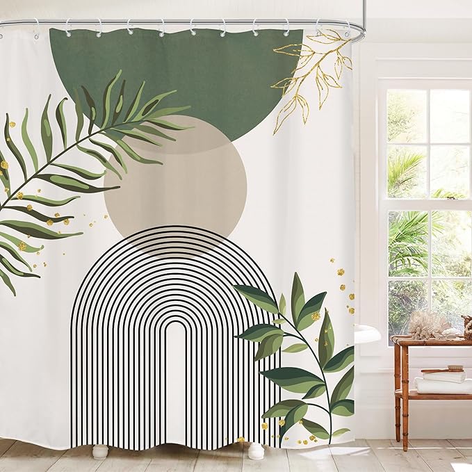 Boho Green Shower Curtain, Sage Bohemian Mid Century Modern 60Wx72H Bathroom Curtain, Abstract Gold Leaves Plant Olive Grey Minimalist Bathroom Decor Bath Curtain Polyester 12 Pack Hooks